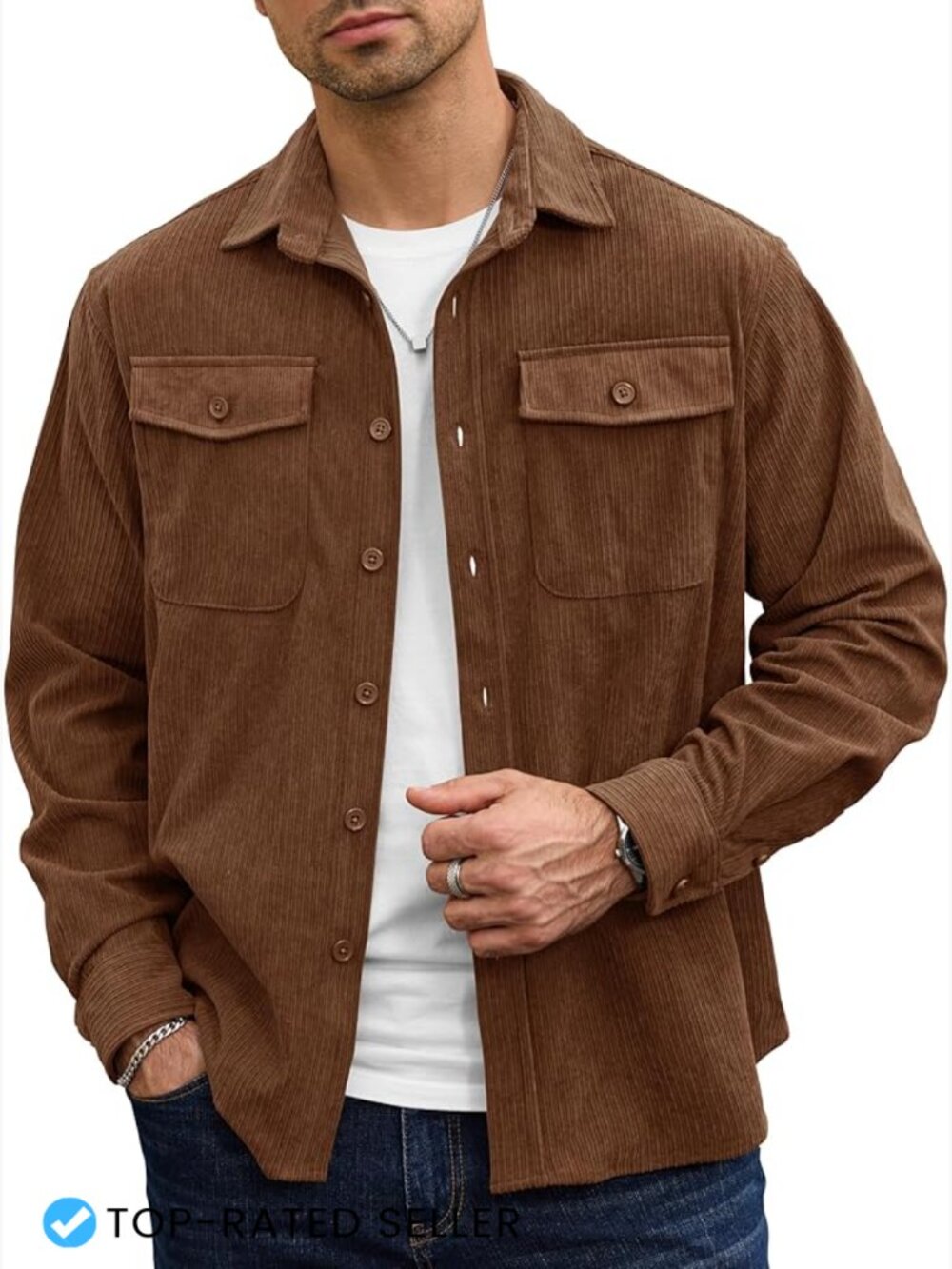Corduroy Button Down Shirt Lightweight Jacket Shacket Retro Casual Flap Pockets